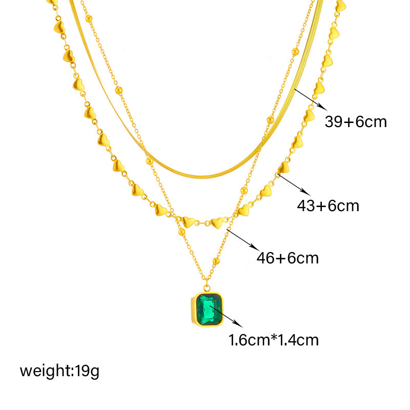 European and American style multi-layered mixed and matched heart snake chain emerald diamond square pendant high-end versatile necklace