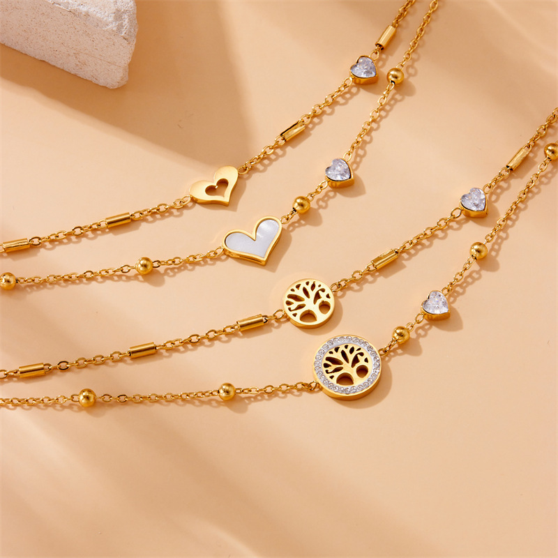 European and American cross-border fashion retro minimalist double-layered heart-shaped diamond-encrusted tree of life accessory chain anklet