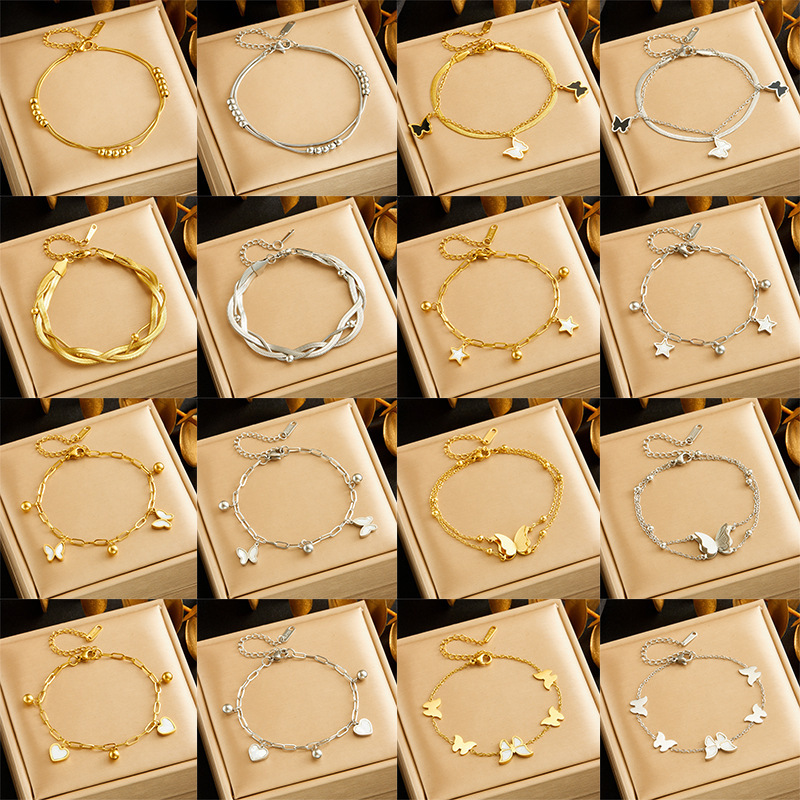 Cross-border fashion jewelry stainless steel chain gold-plated butterfly heart five-pointed star pendant women's bracelet