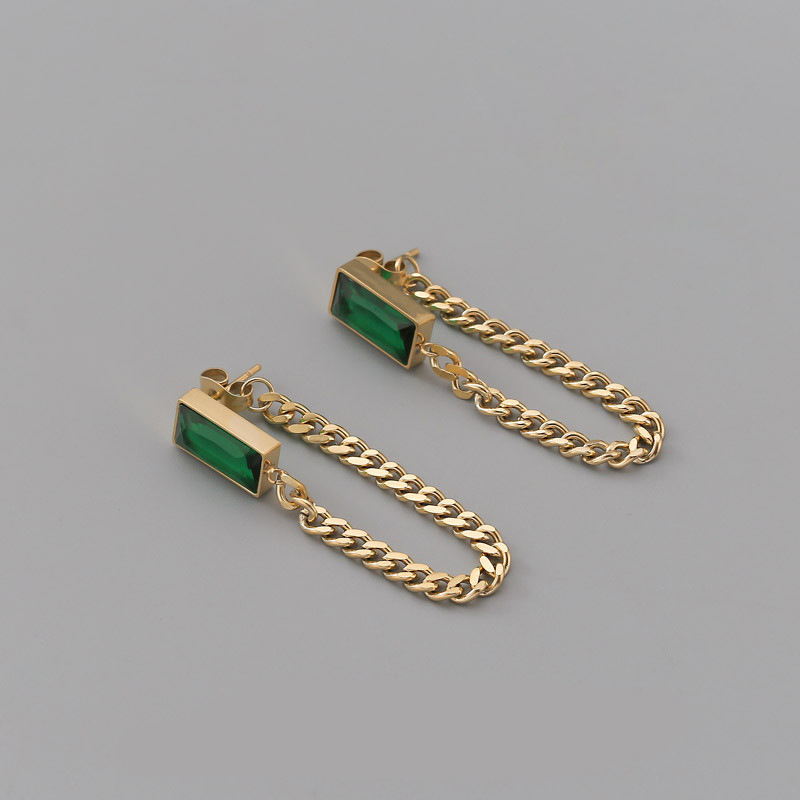 European and American style minimalist luxury light gold-plated titanium steel chain diamond-encrusted rectangular green diamond jewelry three-piece set