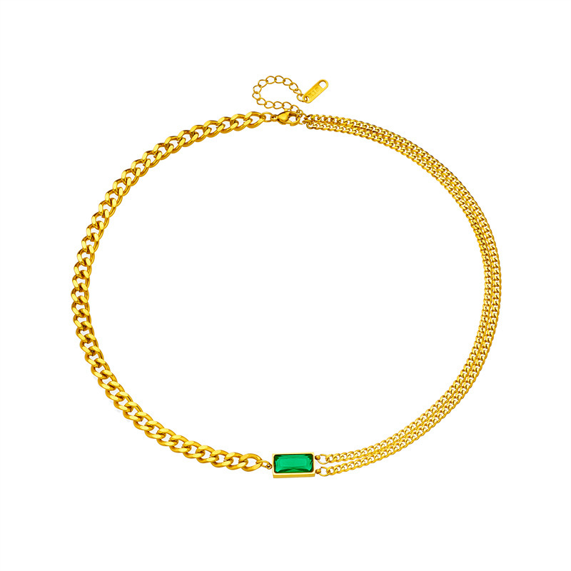 European and American style minimalist luxury light gold-plated titanium steel chain diamond-encrusted rectangular green diamond jewelry three-piece set