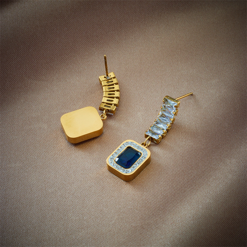 European and American cross-border fashion, light luxury, high-end, versatile, diamond-encrusted square sapphire earrings, pendants, jewelry, studs