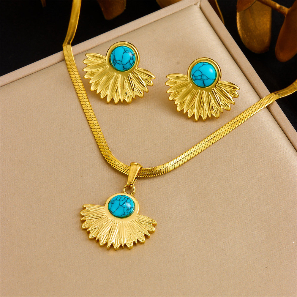 Cross-border fashion gold-plated retro heart-shaped fan-shaped blue turquoise pearl accessories stainless steel pendant earring necklace set