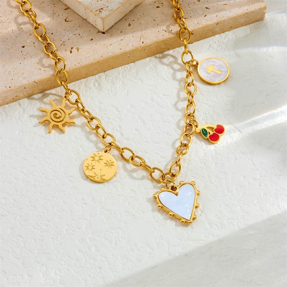 New cross-border fashion retro multi-element heart bow seashell cherry cross eye chain necklace