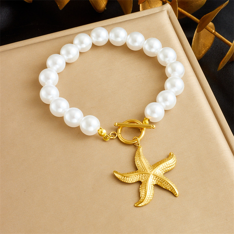 French vintage design pearl chain gold-plated OT clasp stainless steel scallop starfish pendant bracelet and necklace set