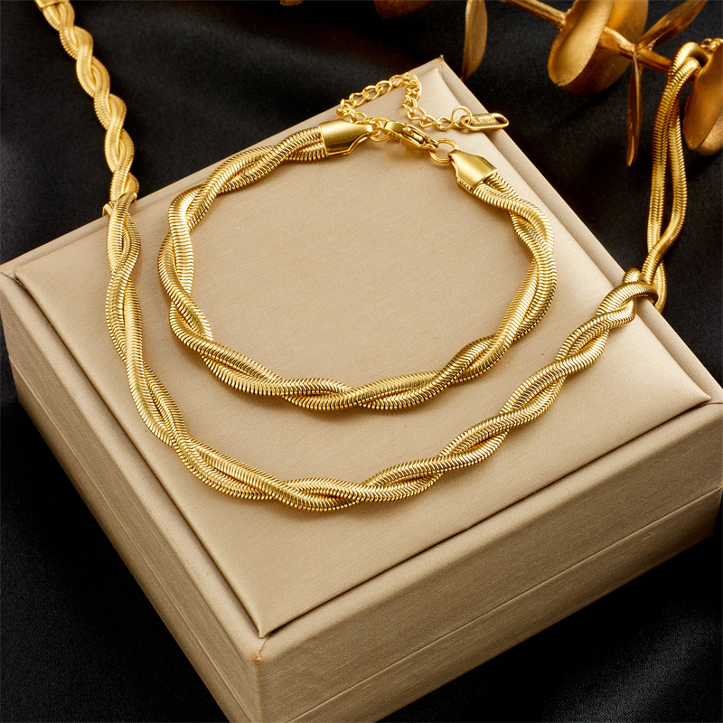 European and American style minimalist unisex braided cable knit gold-plated stainless steel chain jewelry necklace and bracelet set
