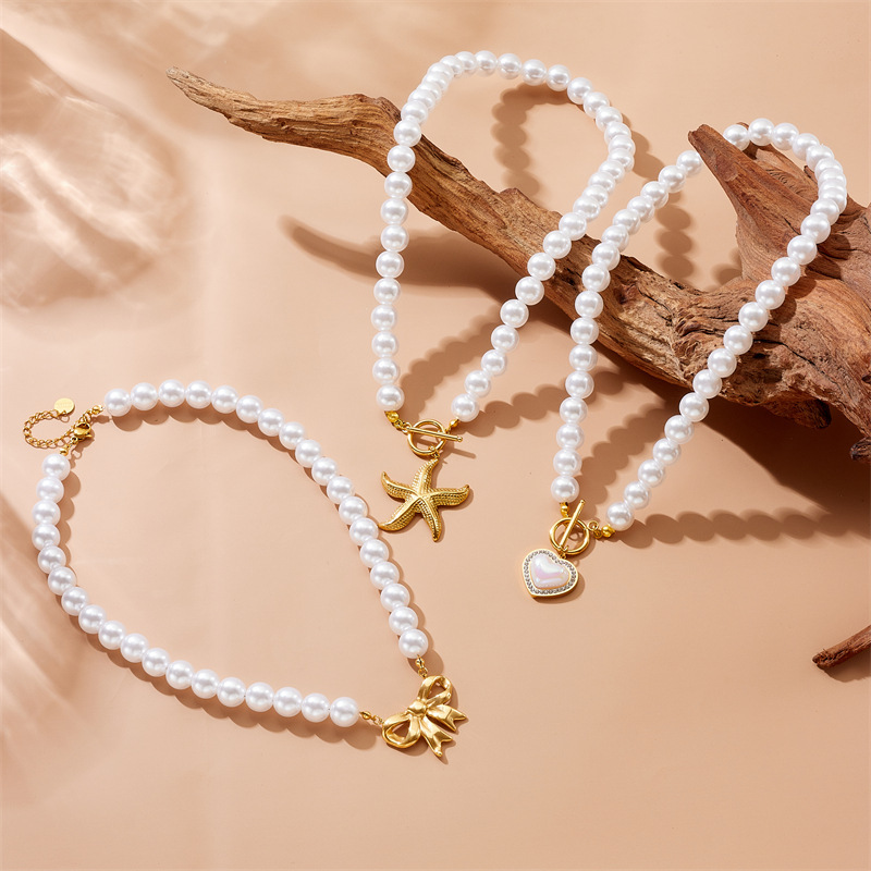 French vintage design pearl chain gold-plated OT clasp stainless steel scallop starfish pendant bracelet and necklace set