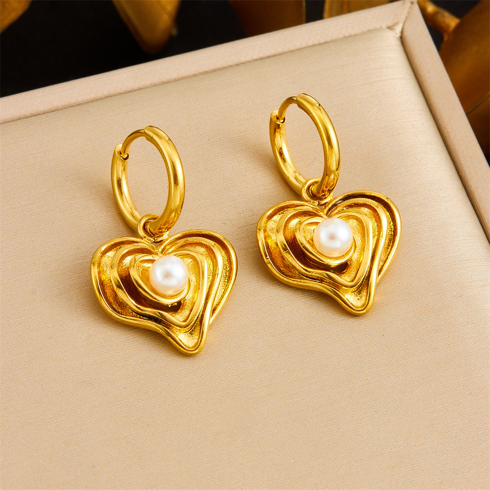 Cross-border fashion gold-plated retro heart-shaped fan-shaped blue turquoise pearl accessories stainless steel pendant earring necklace set