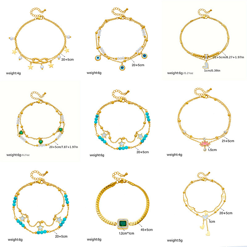 Fashionable, niche design, minimalist, high-end, retro double-layered pearl heart-shaped diamond-encrusted five-pointed star pendant anklet