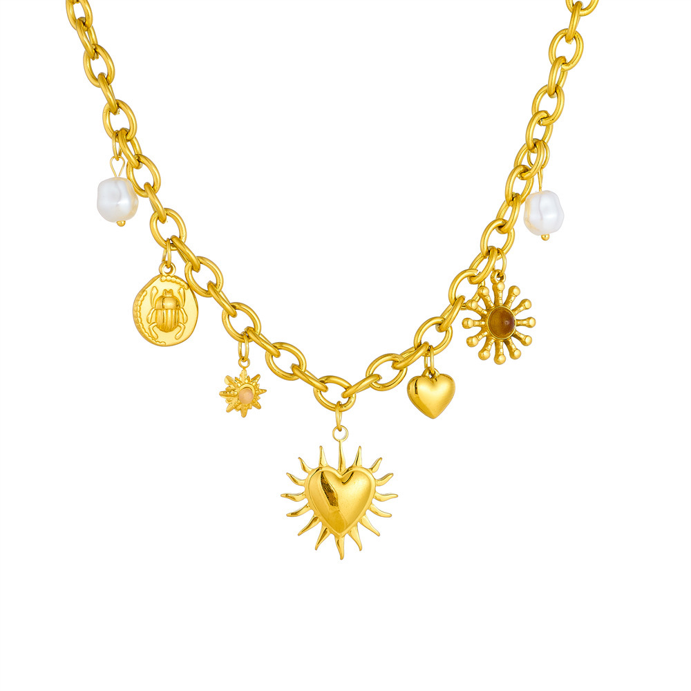 European and American cross-border fashion retro gold-plated chunky chain sun heart pearl insect round pendant stainless steel necklace