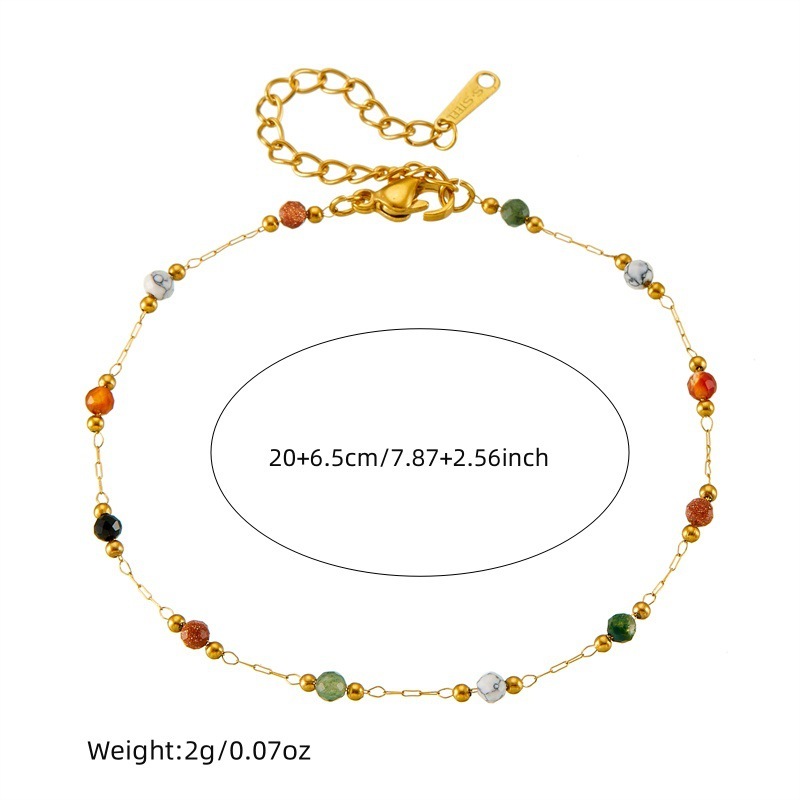 European and American fashion ethnic style niche design colorful stone beaded stainless steel chain bracelet necklace anklet set