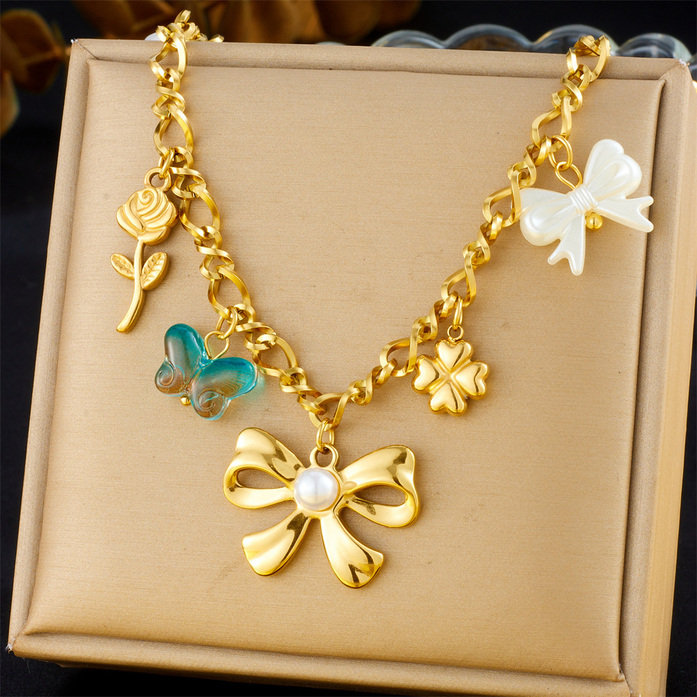 New cross-border fashion retro multi-element heart bow seashell cherry cross eye chain necklace