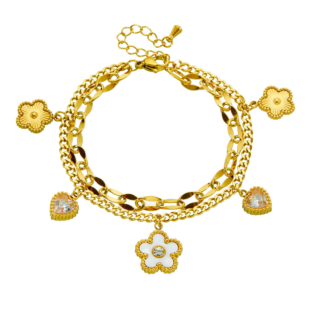 European and American cross-border fashion minimalist diamond-encrusted heart white shell flower double-layered stainless steel chain bracelet
