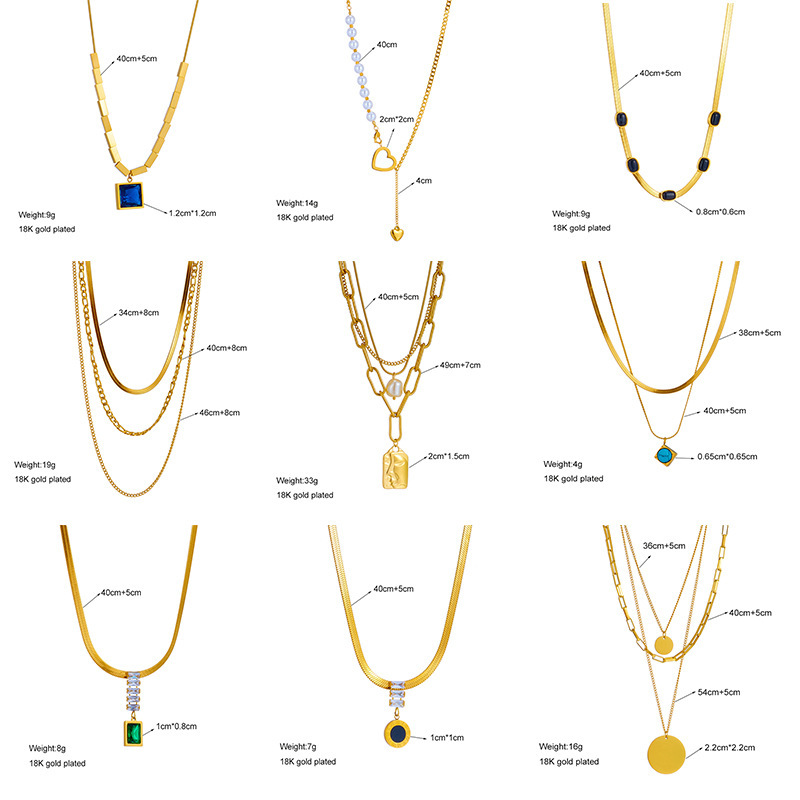 Fashionable, niche, creative design, irregular multi-layered chain, diamond-encrusted square pendant, titanium steel stacked necklace