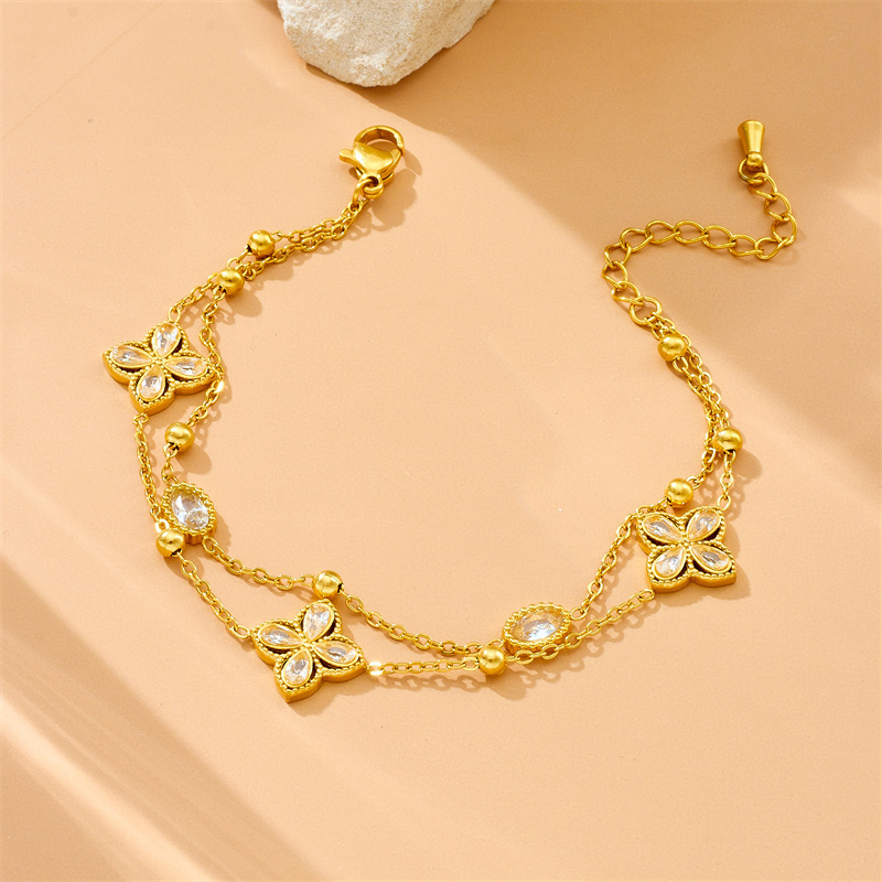 Fashionable cross-border rhinestone diamond four-petal flower double-layer chain pearl accessories geometric stainless steel bracelet