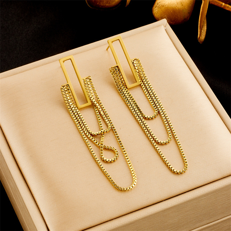 European and American style, light luxury gold-plated titanium steel multi-layer tassel chain geometric long earrings
