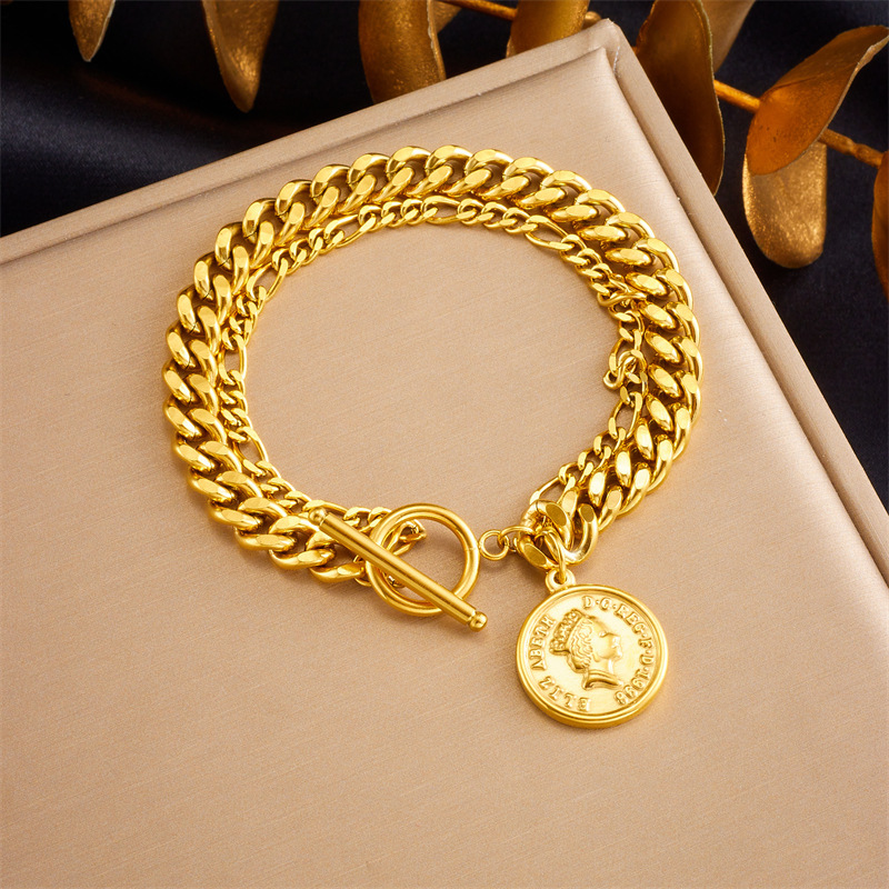 Cross-border fashion retro high-end gold-plated portrait round stainless steel OT buckle pendant chain bracelet