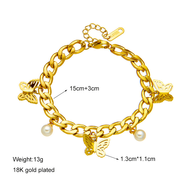 European and American fashion niche design chain titanium steel metal pearl butterfly pendant jewelry bracelet with irregular design