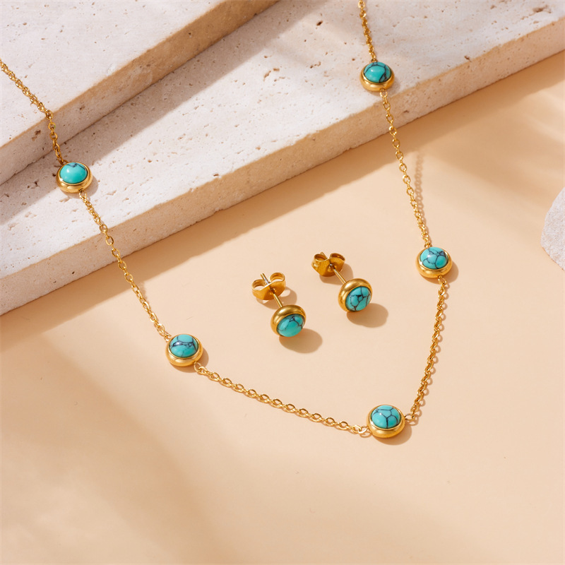 European and American cross-border retro versatile blue turquoise clavicle chain round earrings studs bracelet necklace stainless steel jewelry set