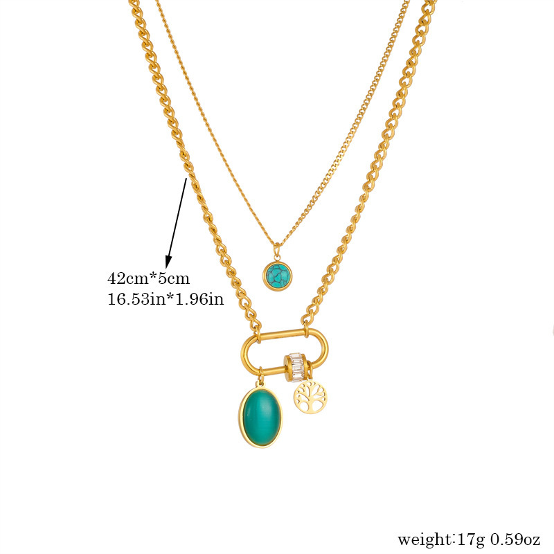 Cross-border fashion layered double chain stainless steel multi-element geometric square star tree of life snake pendant necklace