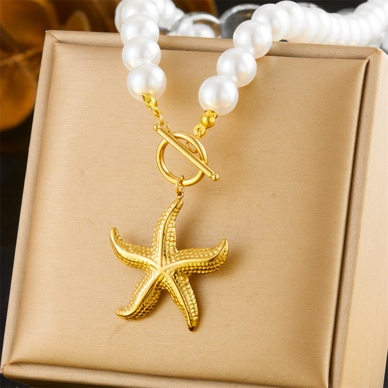 French vintage design pearl chain gold-plated OT clasp stainless steel scallop starfish pendant bracelet and necklace set