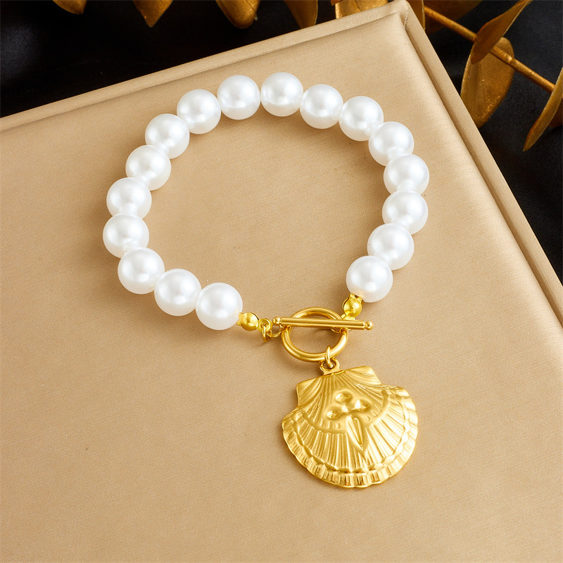French vintage design pearl chain gold-plated OT clasp stainless steel scallop starfish pendant bracelet and necklace set