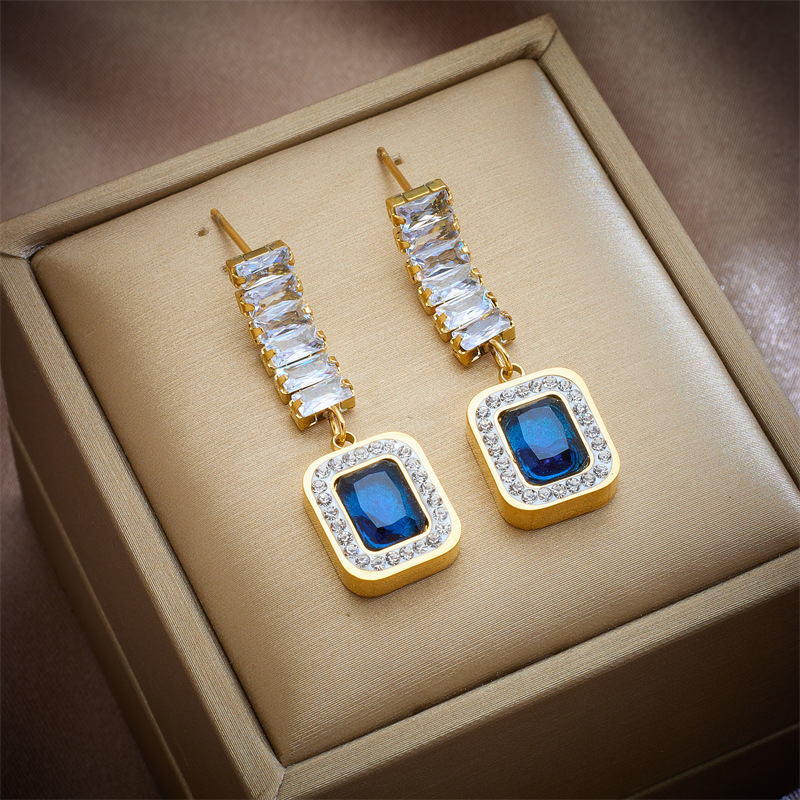 European and American cross-border fashion, light luxury, high-end, versatile, diamond-encrusted square sapphire earrings, pendants, jewelry, studs