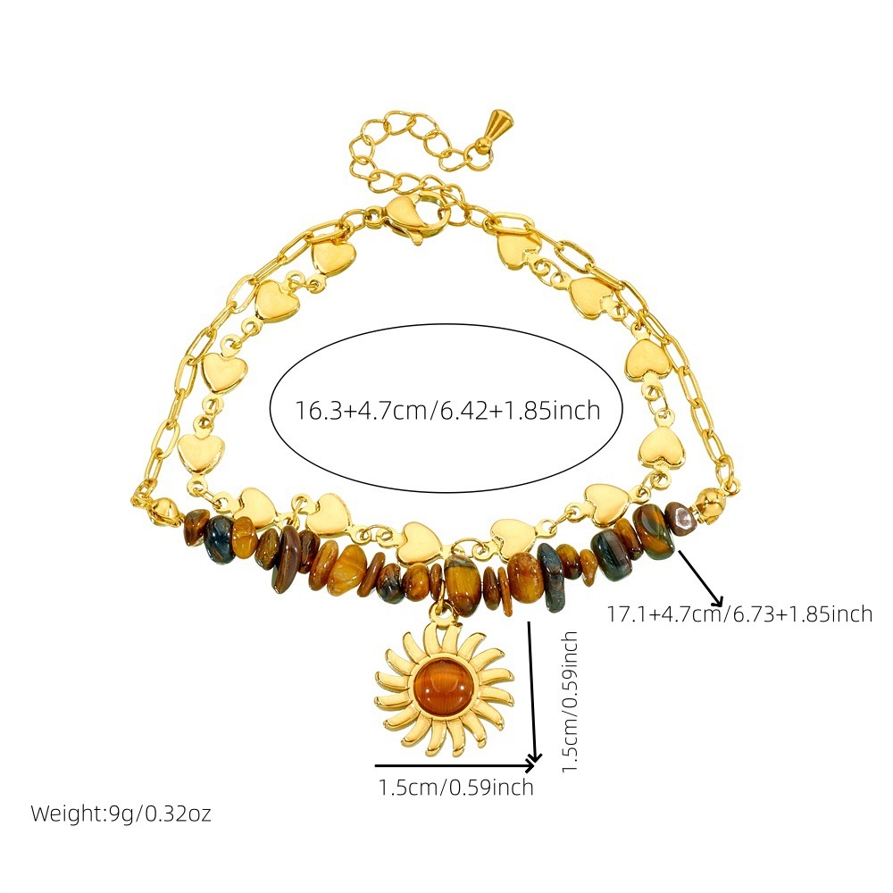 European and American cross-border retro fashion double-layered tiger's eye beaded heart chain stainless steel sun pendant bracelet
