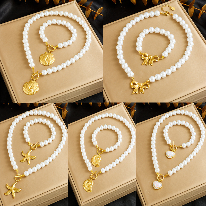 French vintage design pearl chain gold-plated OT clasp stainless steel scallop starfish pendant bracelet and necklace set