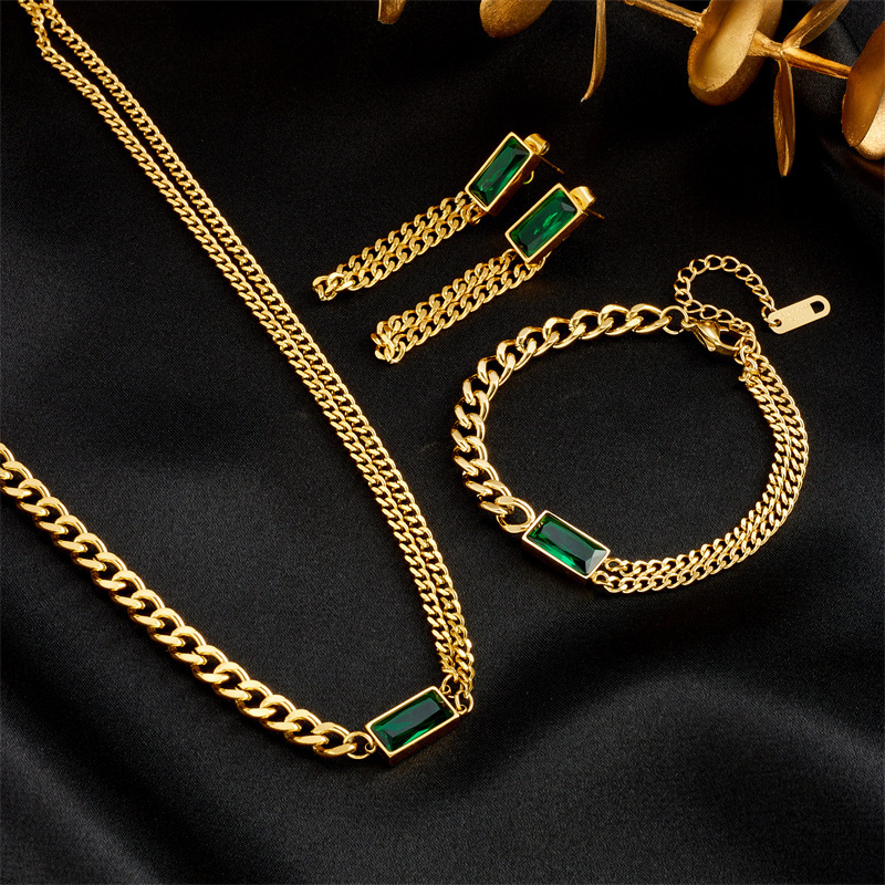European and American style minimalist luxury light gold-plated titanium steel chain diamond-encrusted rectangular green diamond jewelry three-piece set