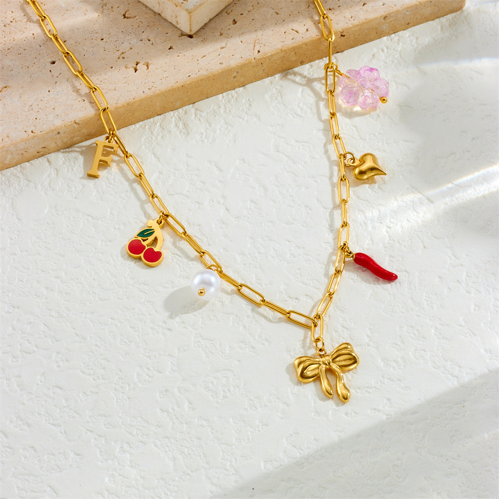 New cross-border fashion retro multi-element heart bow seashell cherry cross eye chain necklace