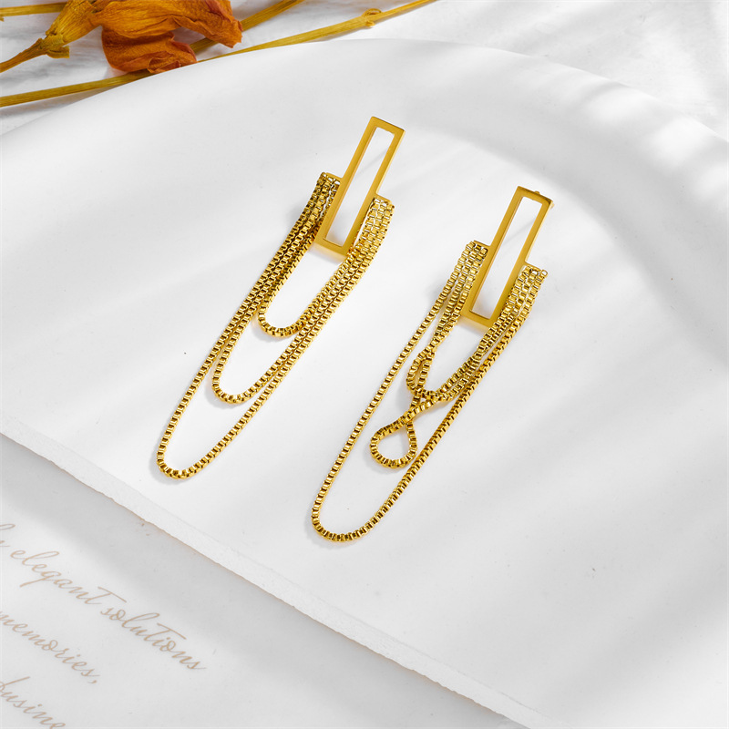 European and American style, light luxury gold-plated titanium steel multi-layer tassel chain geometric long earrings