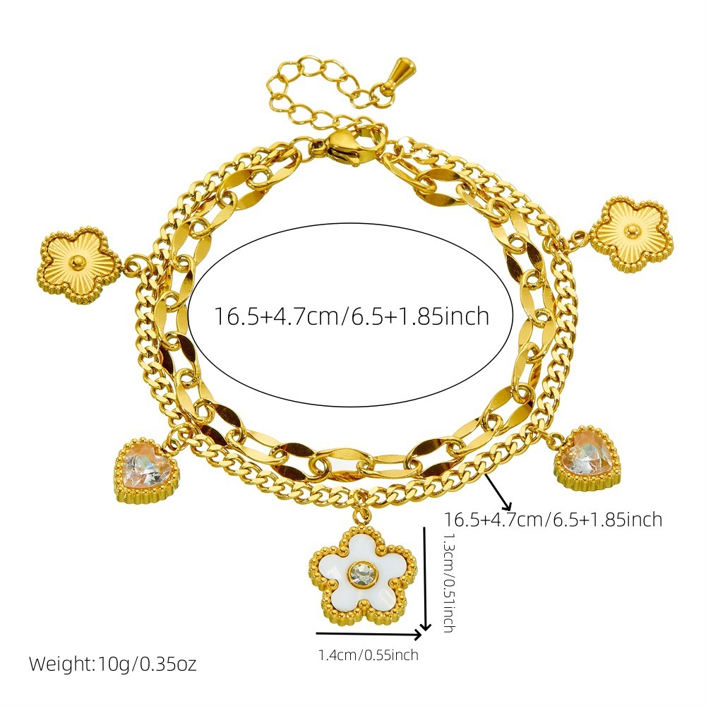 European and American cross-border fashion minimalist diamond-encrusted heart white shell flower double-layered stainless steel chain bracelet
