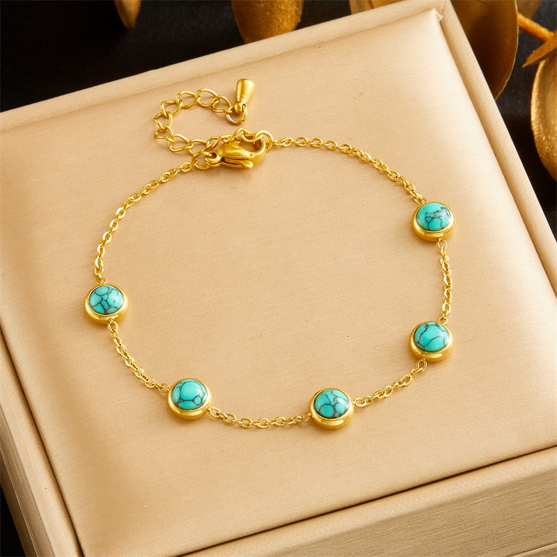 European and American cross-border retro versatile blue turquoise clavicle chain round earrings studs bracelet necklace stainless steel jewelry set