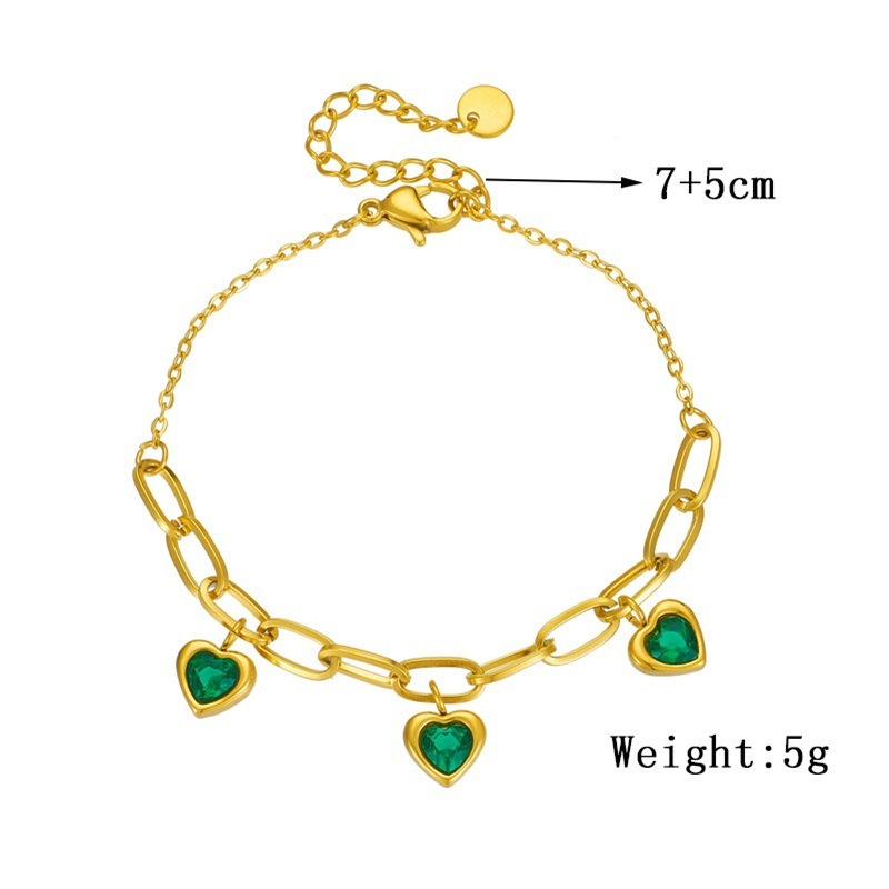 European and American niche retro gold-plated versatile fashion colored gemstone heart pendant titanium steel chain bracelet