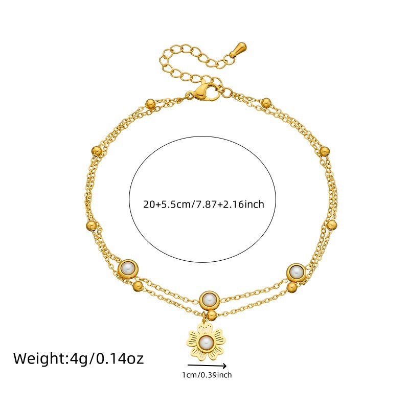 European and American style retro-style pearl flower pendant double-layer chain gold-plated stainless steel anklet