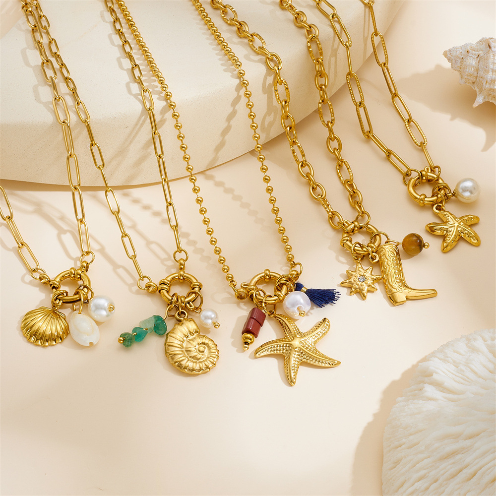 Cross-border fashion ocean series accessories pendant gold-plated stainless steel starfish shell multi-element dripping butterfly necklace