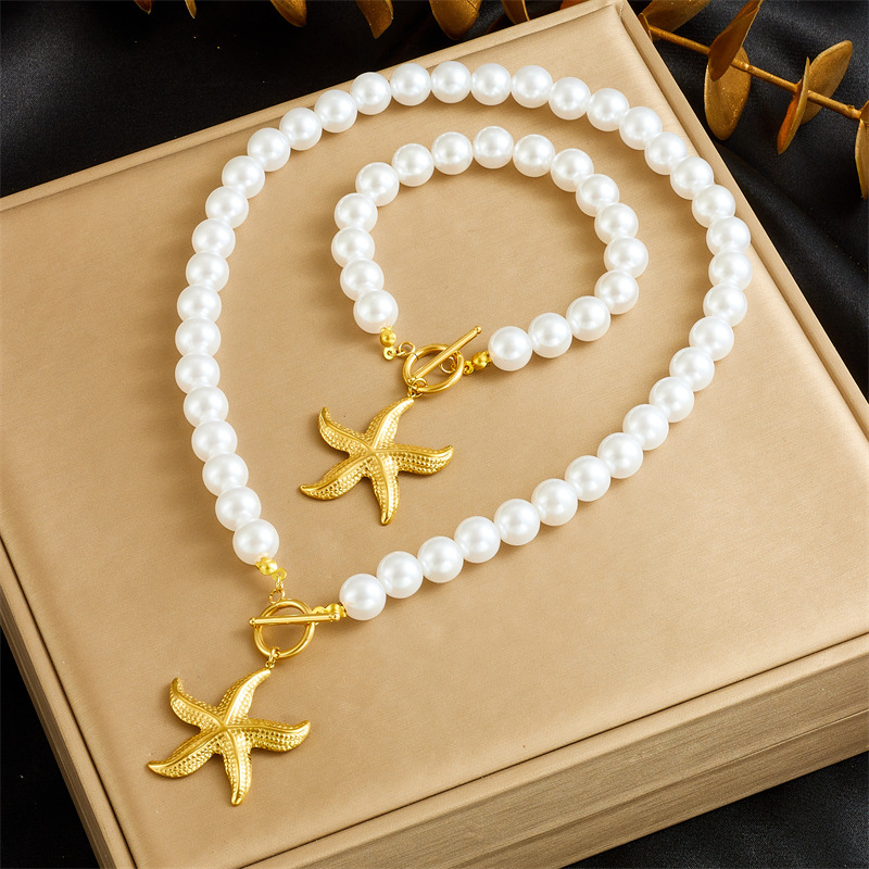 French vintage design pearl chain gold-plated OT clasp stainless steel scallop starfish pendant bracelet and necklace set