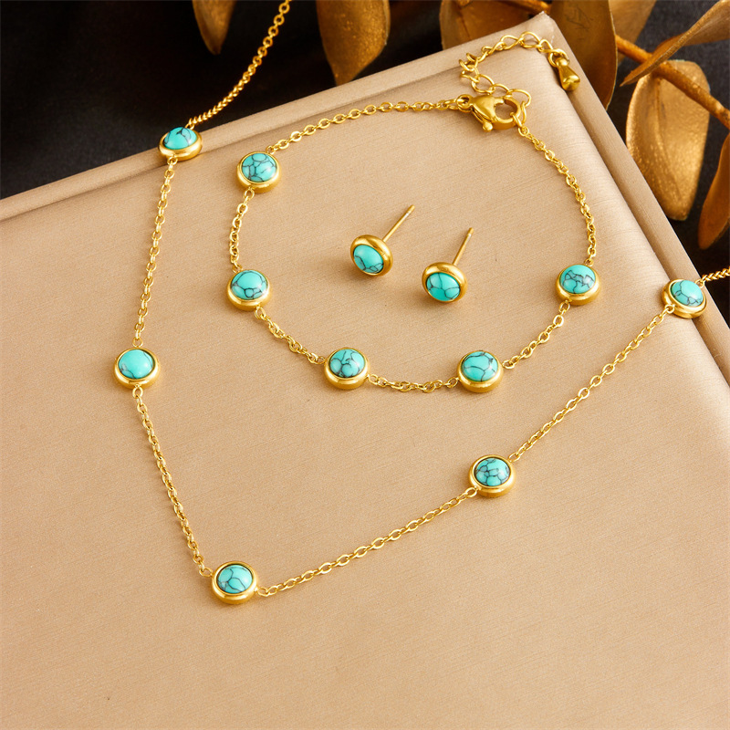 European and American cross-border retro versatile blue turquoise clavicle chain round earrings studs bracelet necklace stainless steel jewelry set