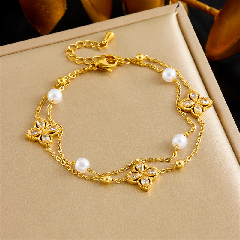 Fashionable cross-border rhinestone diamond four-petal flower double-layer chain pearl accessories geometric stainless steel bracelet