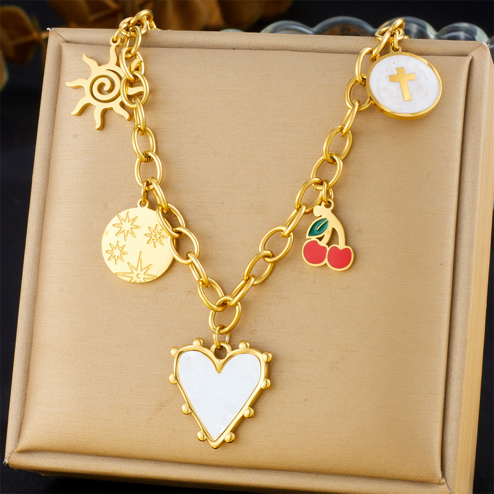 New cross-border fashion retro multi-element heart bow seashell cherry cross eye chain necklace