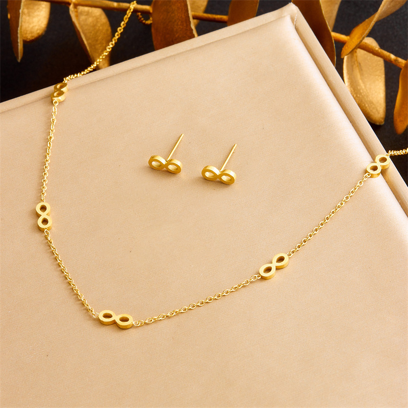 Cross-border fashion Korean style minimalist gold-plated stainless steel chain figure 8 accessory necklace earring bracelet set