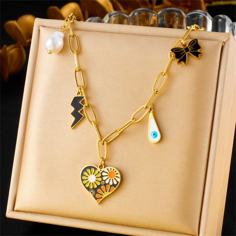 Fashionable cross-border colorful dopamine dripping oil rainbow flower accessories pendant eyes butterfly chain stainless steel necklace