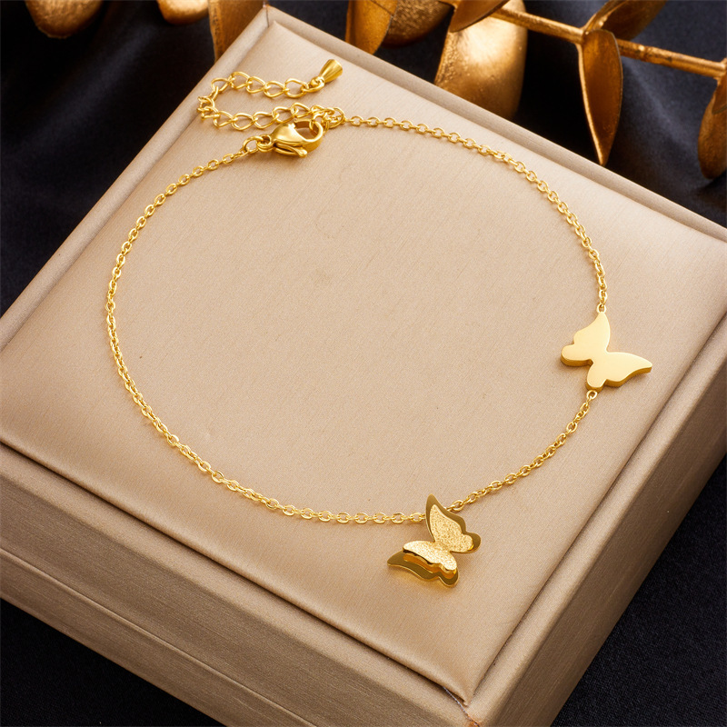 Korean style, fashionable, niche design, elegant, simple and versatile titanium steel chain heart butterfly pearl pendant anklet