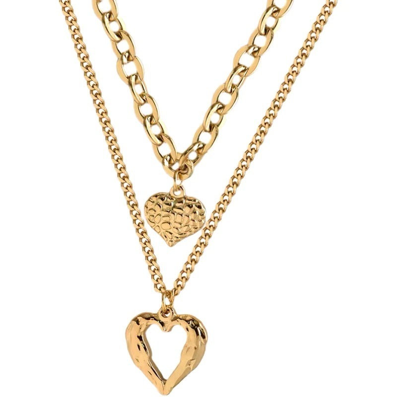 European and American cross-border retro fashion high-end minimalist multi-layer titanium steel metal chain textured hollow heart pendant necklace