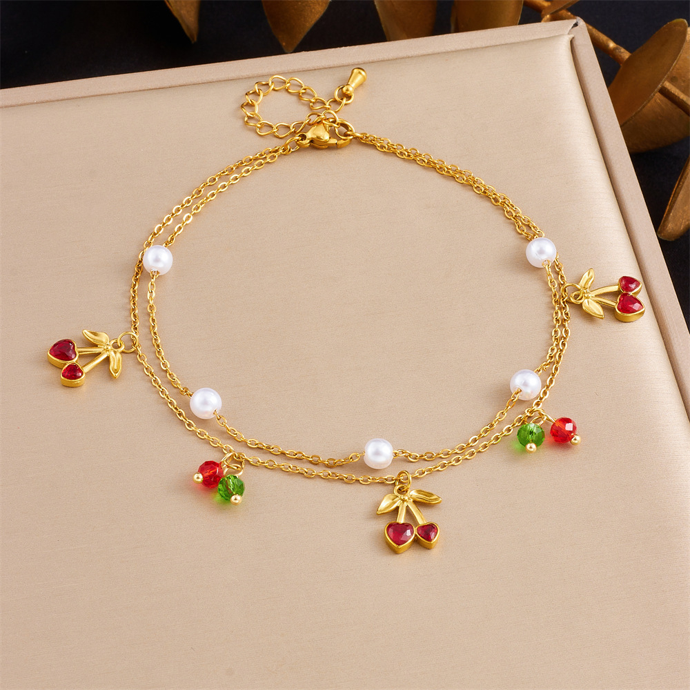 Korean style fashionable double-layer chain diamond-encrusted cherry starfish flower star moon pendant stainless steel anklet for women