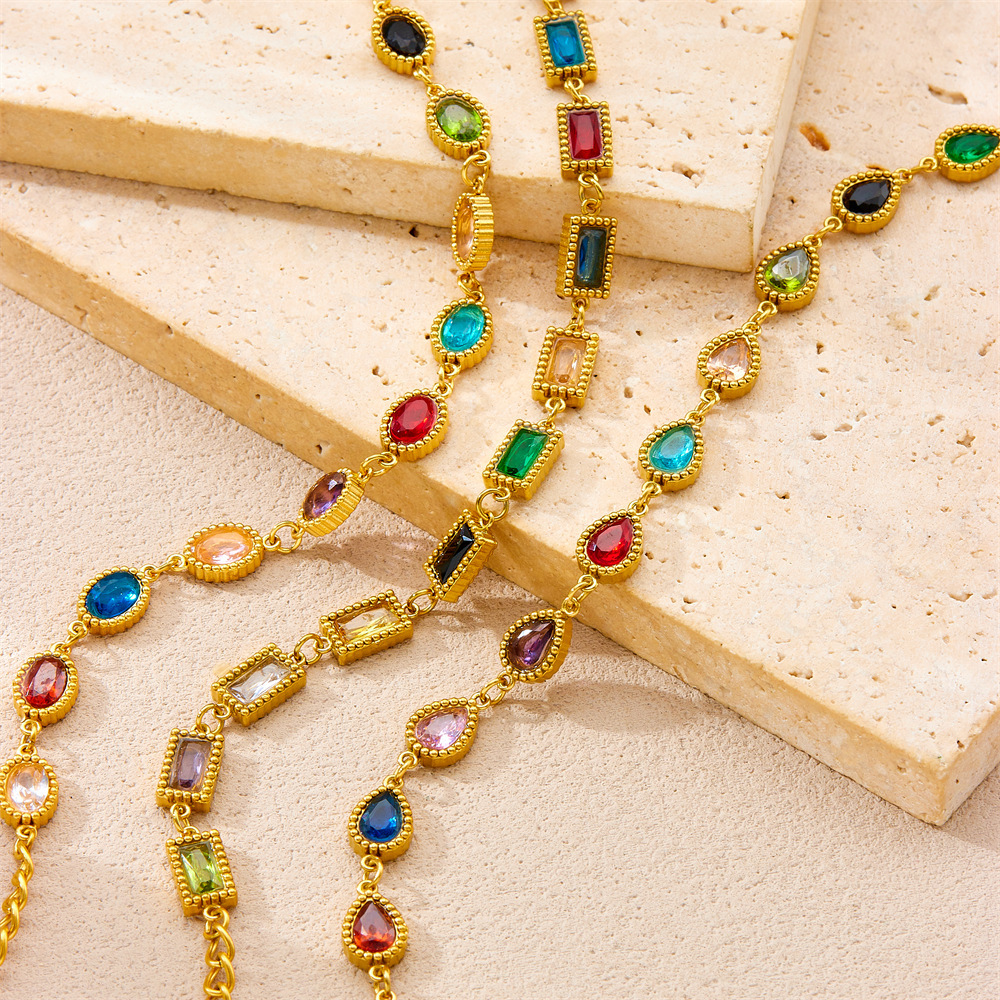Cross-border fashion micro-painted geometric colored gemstone chain bracelet oval teardrop square women's stainless steel jewelry