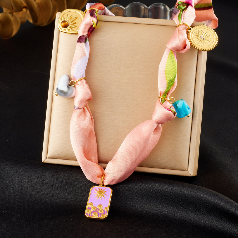 New cross-border colorful printed silk scarf ribbon knotted multi-element gold-plated stainless steel heart, moon and sun necklace