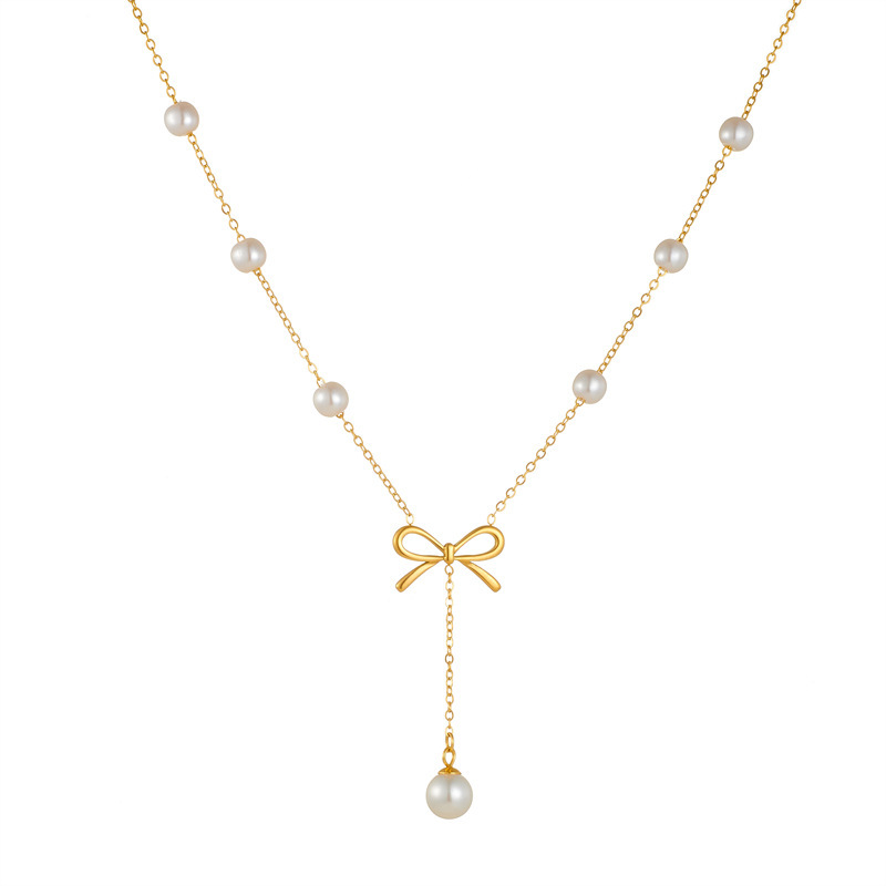 Korean style fashionable cross-border new stainless steel gold-plated pearl bow earrings chain tassel necklace jewelry set