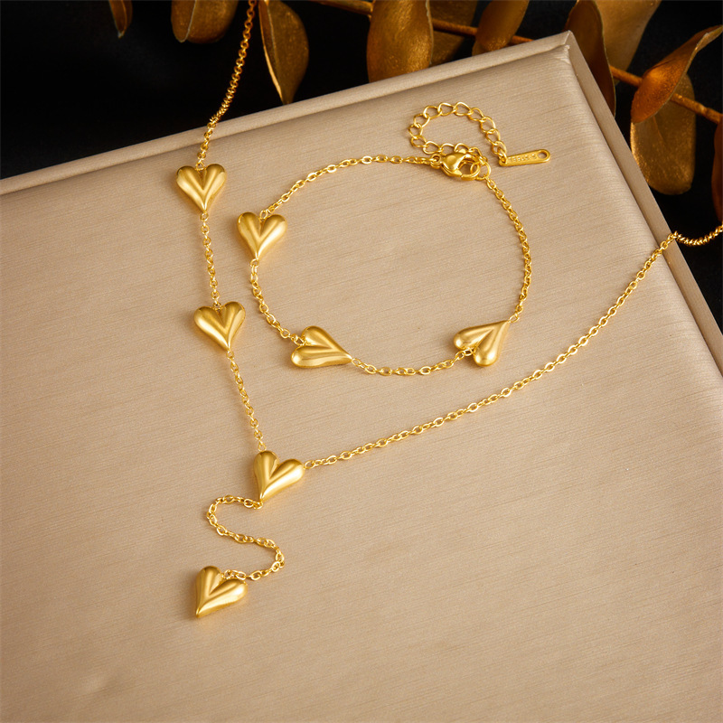 Cross-border fashion gold-plated retro smooth stainless steel chain heart accessory jewelry bracelet necklace set